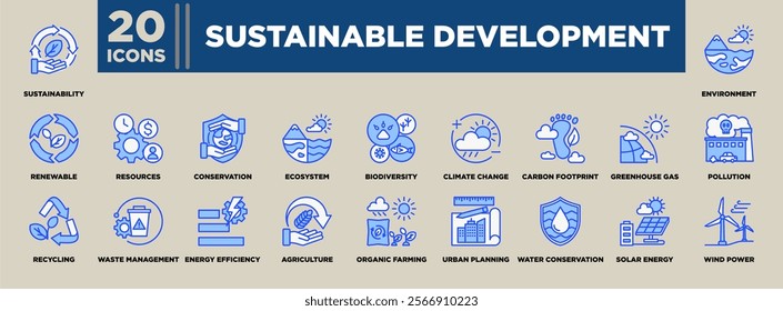 Sustainable Development icon set featuring themes like renewable energy, biodiversity, recycling, climate change, water conservation, and eco-friendly practices for a greener future.