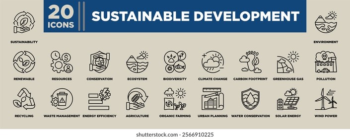 Sustainable Development icon set featuring themes like renewable energy, biodiversity, recycling, climate change, water conservation, and eco-friendly practices for a greener future.