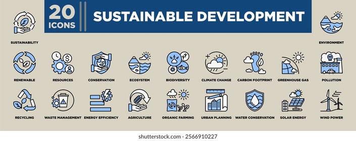 Sustainable Development icon set featuring themes like renewable energy, biodiversity, recycling, climate change, water conservation, and eco-friendly practices for a greener future.