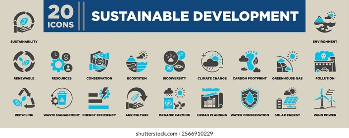 Sustainable Development icon set featuring themes like renewable energy, biodiversity, recycling, climate change, water conservation, and eco-friendly practices for a greener future.