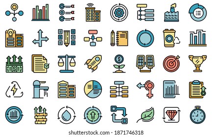 Sustainable development icons set. Outline set of sustainable development vector icons thin line color flat on white