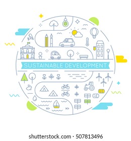 Sustainable Development and Sustainable Living Implementation Concept Line Art Vector Illustration