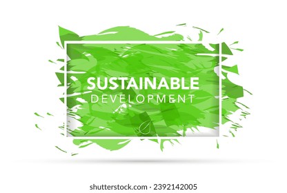 Sustainable development logo with green watercolor paint background in white frame, Vector illustration in white background
