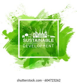 Sustainable development logo with green watercolor paint background, Vector illustration