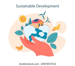 Desarrollo Sostenible. Fomentar el planeta con energía renovable y proteger los hábitats naturales. Abordar un futuro en el que el progreso y la naturaleza coexistan. Ilustración vectorial plana