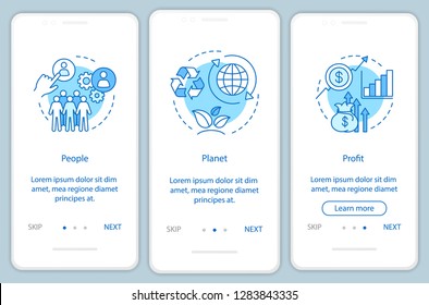 Sustainable development onboarding mobile app page screen template. People, planet and profit walkthrough website steps. Resource management. Triple bottom line. TBL. UX, UI, GUI smartphone interface