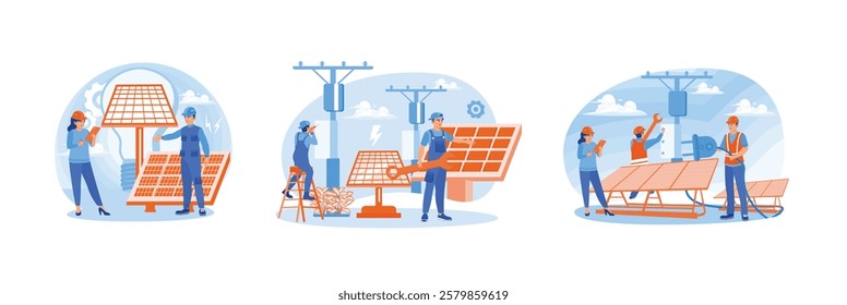 Sustainable development to produce electrical energy. Alternative energy source with solar panels. Green and environmentally friendly energy. Solar energy panels concept. Set flat vector illustration.