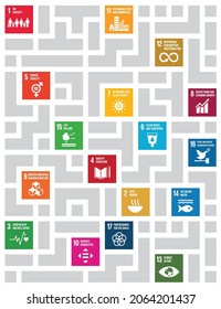 Sustainable Development Puzzle Maze concept to achieve the goals. Goals to success. Brochure, Annual report, cover, Poster templates ready made design. Vector Icon.