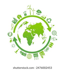 Sustainable development with reuse, recycle, renew for carbon reduction, net zero, green energy, eco friendly concept, vector illustration