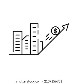 Sustainable development social problem line icon vector. big data and Boycott, business war, trade war sign. isolated contour black illustration. Dollar and city