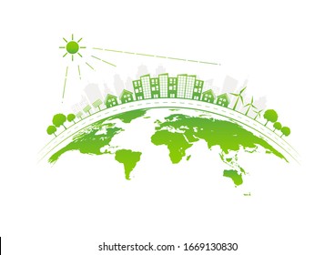 Sustainable development with Solarthermic roofs, renewable energy city on earth, World environment day and sustainable development concept, vector illustration