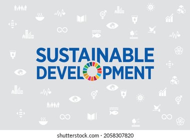 Sustainable Development Typography logo with Colorful wheel Illustration isolated on white and blue background. Concept for Corporate social responsibility project. Goals for a better world.  svg