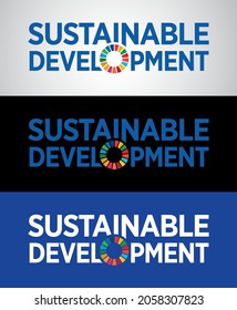 Sustainable Development Typography logo with Colorful wheel Illustration isolated on white and blue background. Concept for Corporate social responsibility project. Goals for a better world. 