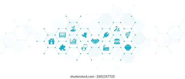 sustainable development vector illustration. Green concept with icons related to global social responsibility, infrastructure, sanitation and equality, peace and justice, education, economic progress.