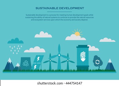 Sustainable development. Web banner with flat sustainable development elements. Environmental concept providing the natural resources and ecosystem services. Vector illustration.