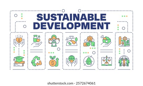Sustainable development word concept isolated on white. Ecology preservation. Green energy. Creative illustration banner surrounded by editable line colorful icons