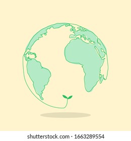 sustainable developmet eco friendly renewable energy concept one line globe drawing with fresh plant flat style illustration