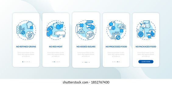 Sustainable diet onboarding mobile app page screen with concepts. Organic meals cooking ideas walkthrough 5 steps graphic instructions. UI vector template with RGB color illustrations