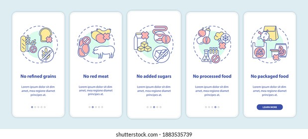 Sustainable diet onboarding mobile app page screen with concepts. Healthy eating lifestyle walkthrough 5 steps graphic instructions. UI vector template with RGB color illustrations