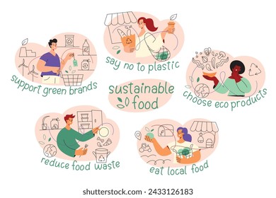 Collection de scènes de régime durable. Les gens achètent des produits locaux, réduisent les déchets, mangent des aliments écologiques. Compositions écologiques composées de lettres. Illustrations vectorielles du mode de vie vert et de la durabilité