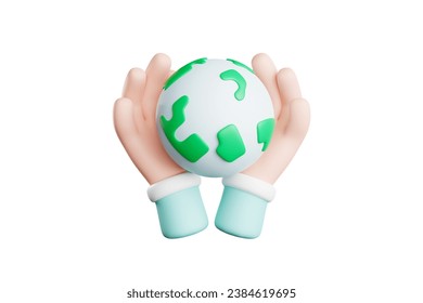 Sustainable Earth concept: Human hands holding the Earth over a white isolated background. Green planet in cute cartoon hands. Save the earth. Environmental concept. 3D rendering.