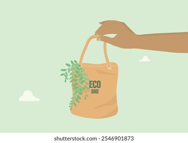 Sustainable Eco Bag with Green Leaves Illustration. Minimalist illustration highlighting eco-friendly shopping with paper bag and green leaves. Flat vector illustration. Hand holding paper bag. 