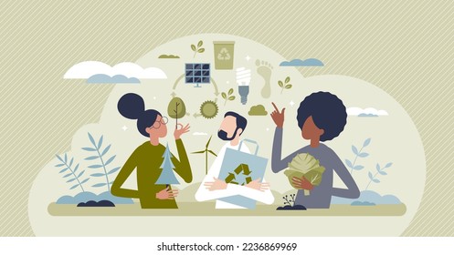 Sustainable eco community and nature friendly society tiny person concept. Green and sustainable lifestyle with environmental principles vector illustration. Recycle and use clean alternative energy.