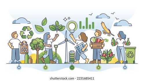 Sustainable eco community with smart and ecological life outline concept. Green and social responsible people with effective resource usage, recycling and clean power production vector illustration.