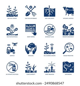 Sustainable eco farm icon set. Regenerative agriculture symbols collection. Vector illustration.