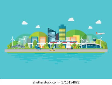 Sustainable Eco Friendly Cityscape With Infrastructure And Transportation. Vector Illustration