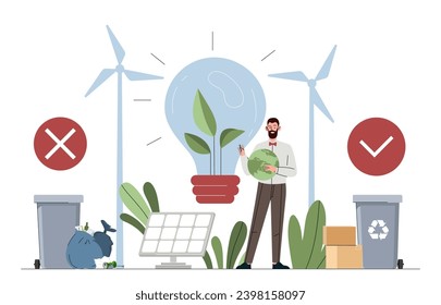 Sustainable eco friendly energy concept. Man with Earth planet. Wind mills and light bulb. Recycling and reuse, zero waste lifestyle. Cartoon flat vector illustration isolated on white background