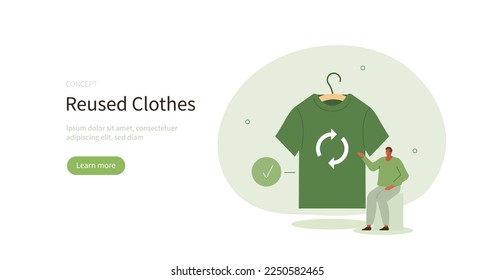 Sustainable eco friendly fashion. Character buying pre owned goods at flea market or used clothes store. Textile reuse, clothes swapping and second hand concept. Vector illustration.