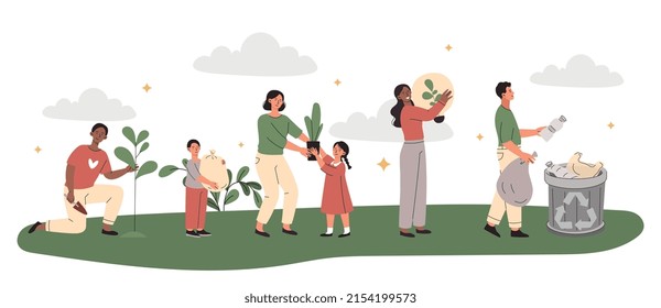 Sustainable eco friendly lifestyle concept. Young men, women and children plant plants, collect garbage, sort and recycle waste and use energy saving light bulbs. Cartoon flat vector illustration