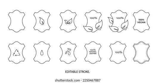 Sustainable eco vegan leather symbols set for clothes tag. Vector stock illustration isolated on white background. Editable stroke line. EPS10