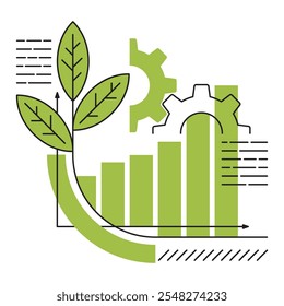 Economia e desenvolvimento sustentáveis e ecológicos - decoração para relatório ou apresentação. Composição com gráfico, diagrama, corte. Em contorno e estilo geométrico simples