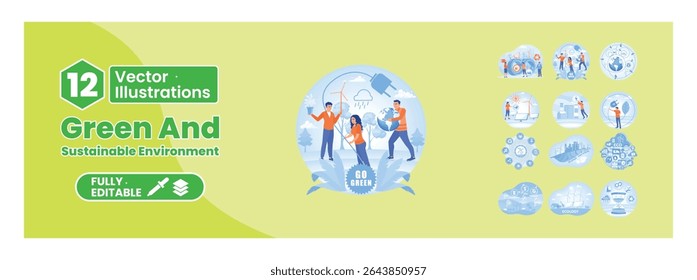 Sustainable and eco-friendly environment theme. Illustrations depicting environmental sustainability, clean energy and green lifestyle. Mega set.