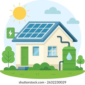 a sustainable eco-friendly smart home equipped with solar panels and a rainwater harvesting system. Surrounded by greenery, the image promotes renewable energy and water conservation.