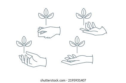 Sustainable ecologic environment concept. Hand holding plant. Linear vector illustration. 