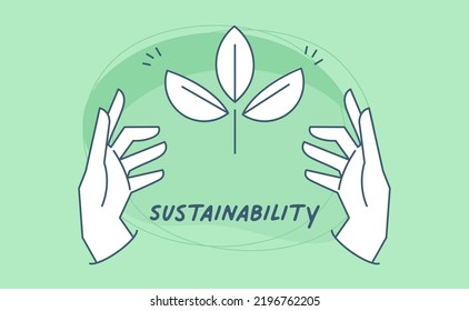 Sustainable ecologic environment concept. Hand holding plant. Linear vector illustration. 