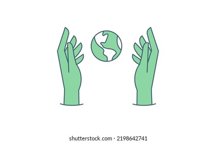 Sustainable ecologic environment concept. Hand holding planet earth. Linear vector illustration. 