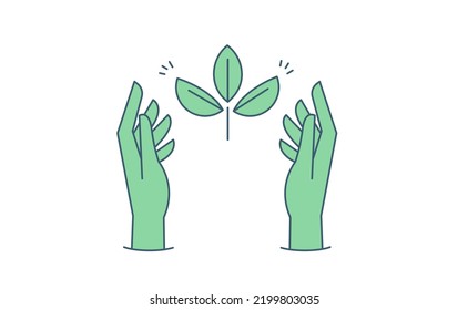 Sustainable ecologic environment concept. Hand holding plant. Linear vector illustration. 