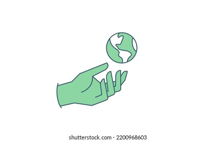 Sustainable ecologic environment concept. Hand holding planet earth. Linear vector illustration. 