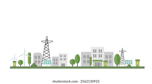 Sustainable ecological city building  solar panel, windmill, green energy ecology