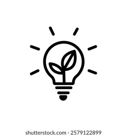  Sustainable ecological energy icon. Shining electric ecology light bulb with leaf inside. Go green lamp tube silhouette. Editable stroke. Line vector illustration.