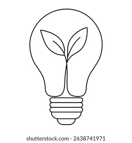 Sustainable ecological energy icon. Shining electric ecology light bulb with leaf inside. Go green lamp tube silhouette. Editable stroke.