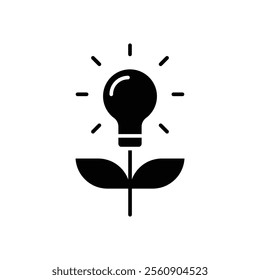 Sustainable ecological energy icon. Simple solid style. Creative lamp, light bulb nature, plant in the bulb, environment concept. Black silhouette, glyph symbol. Vector illustration isolated.