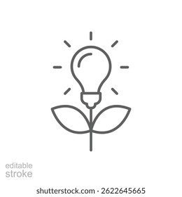 Sustainable ecological energy icon. Simple outline style. Creative lamp, light bulb nature, plant in the bulb, environment concept. Thin line symbol. Vector illustration isolated. Editable stroke.