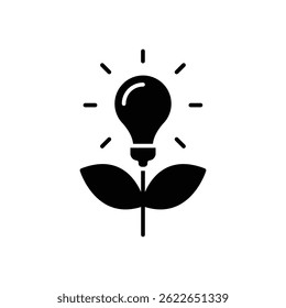 Sustainable ecological energy icon. Simple solid style. Creative lamp, light bulb nature, plant in the bulb, environment concept. Black silhouette, glyph symbol. Vector illustration isolated.