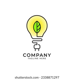 Sustainable ecological energy logo. Glowing electric ecology light bulb with green leaves inside.