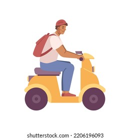Sustainable and ecologically friendly transport, isolated male character in helmet riding on scooter. Electro bike for commuting and traveling. Vector in flat style